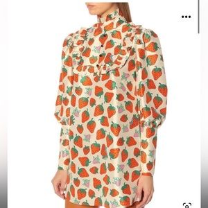 Gucci rare STRAWBERRY silk mini shift dress size M Italy high collar ruffle